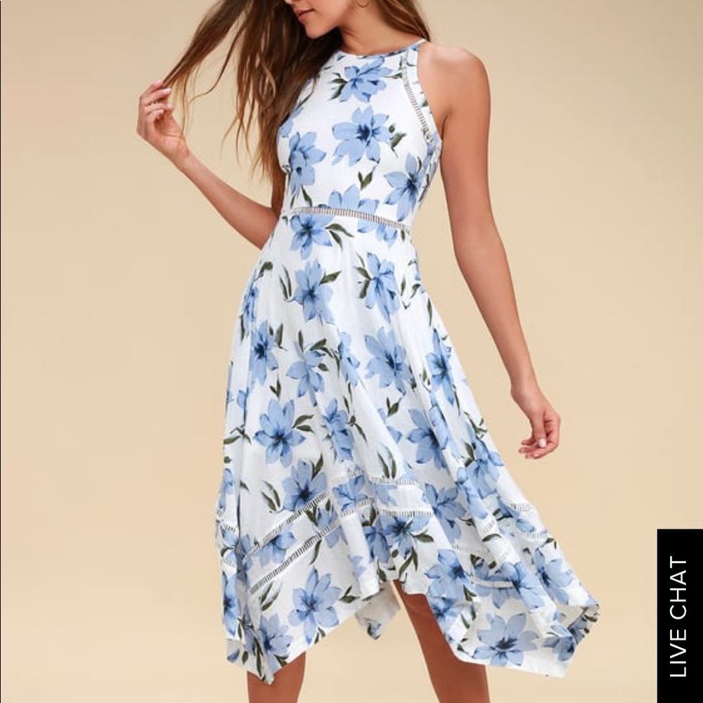 Zahara Blue and White Floral Midi Dress